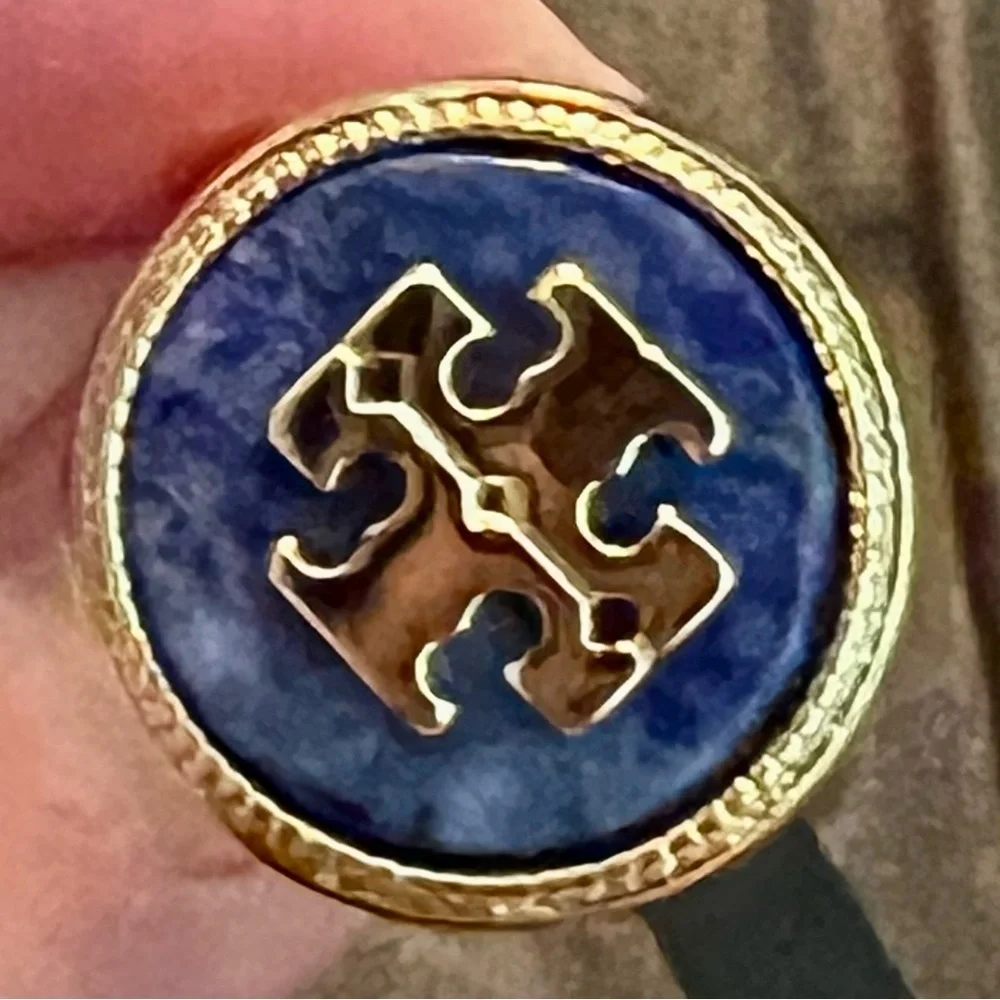 🆕 Tory Burch Authentic Gold And Blue Lapis Lazuli Round With Logo Ring Size 7